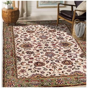 Persian Kashan Bice Ivory Floral Hand Knotted Wool Rug