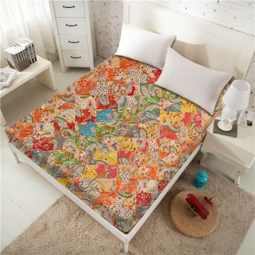 Multi color paisley Handblock printed Cotton Kantha King Size Quilt (225 x 270 cm)