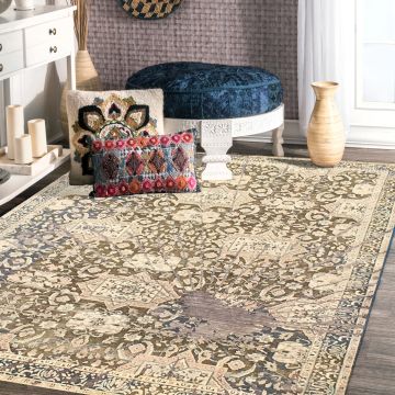 Rugsville Oxidized Traditional Floral Green Hand Knotted Wool & Silk Rug 120 x 180 cm