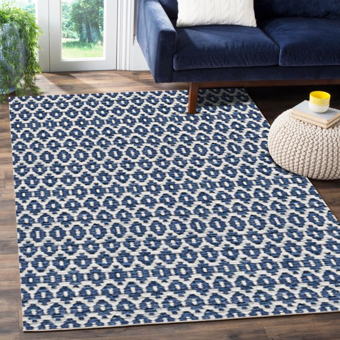 Rugsville Orfeo Contemporary Blue Geometric Hand Woven Wool Rug 300 x 420 cm